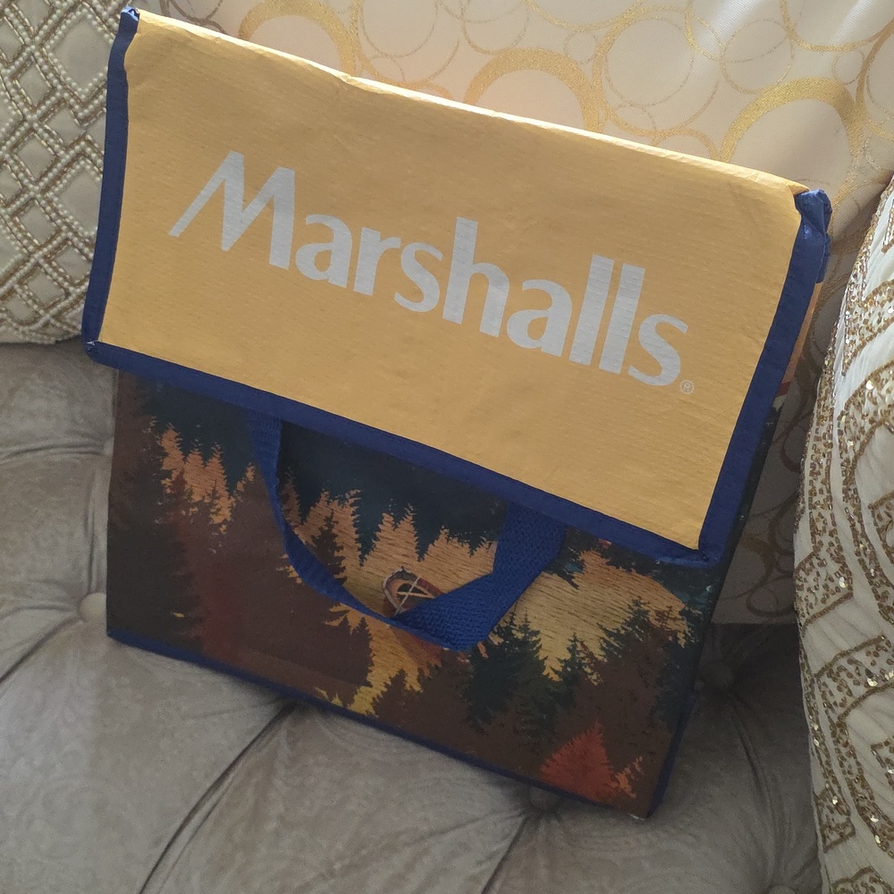 Marshalls Yellow Top Tote with Forest Print and Blue Handles, NWT